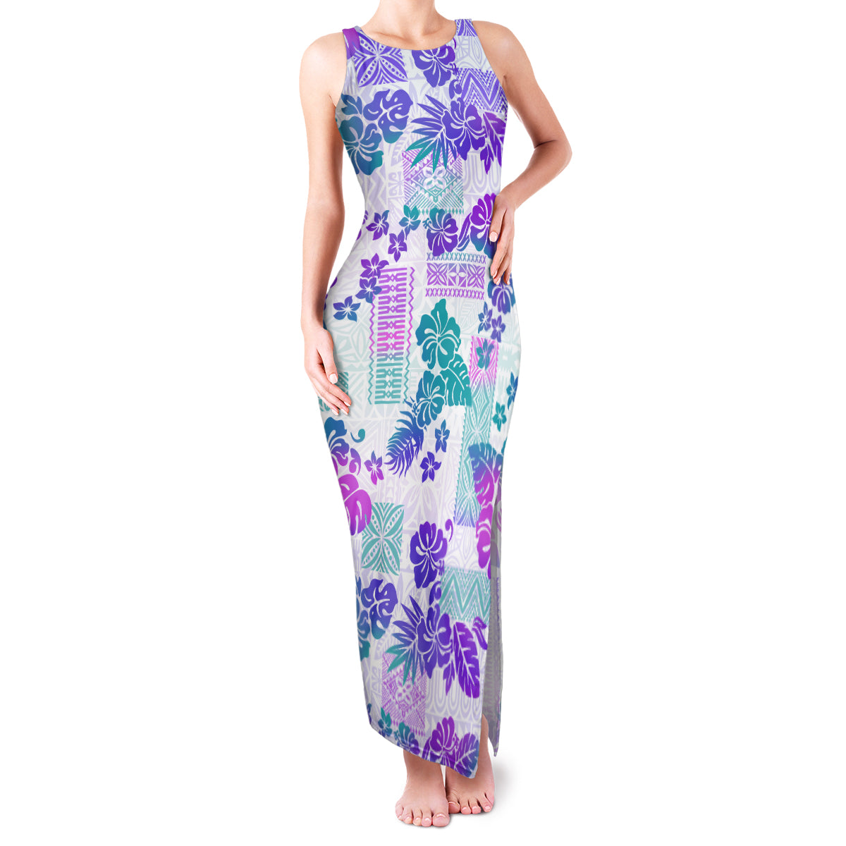 Vintage Hawaii Family Matching Tank Maxi Dress and Hawaiian Shirt Hibiscus Tapa Tribal With Hawaiian Quilt Pattern Purple LT9 Mom's Dress Purple - Polynesian Pride