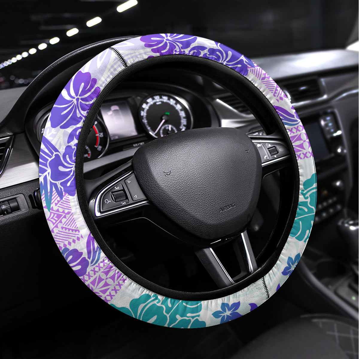 Vintage Hawaii Steering Wheel Cover Hibiscus Tapa Tribal With Hawaiian Quilt Pattern Purple LT9 Universal Fit Purple - Polynesian Pride