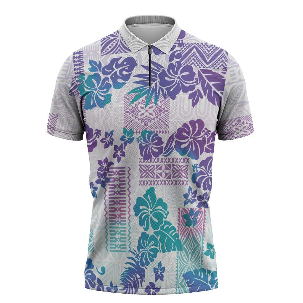 Vintage Hawaii Zipper Polo Shirt Hibiscus Tapa Tribal With Hawaiian Quilt Pattern Purple LT9 Purple - Polynesian Pride