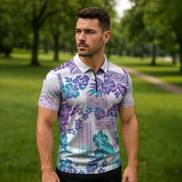 Vintage Hawaii Zipper Polo Shirt Hibiscus Tapa Tribal With Hawaiian Quilt Pattern Purple LT9 - Polynesian Pride