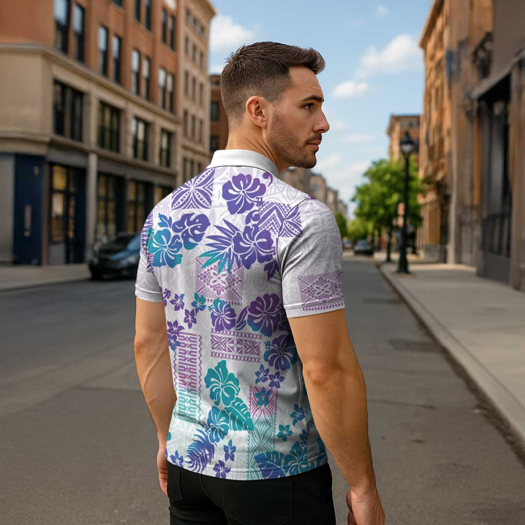 Vintage Hawaii Zipper Polo Shirt Hibiscus Tapa Tribal With Hawaiian Quilt Pattern Purple LT9 - Polynesian Pride