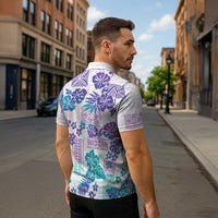 Vintage Hawaii Zipper Polo Shirt Hibiscus Tapa Tribal With Hawaiian Quilt Pattern Purple LT9 - Polynesian Pride