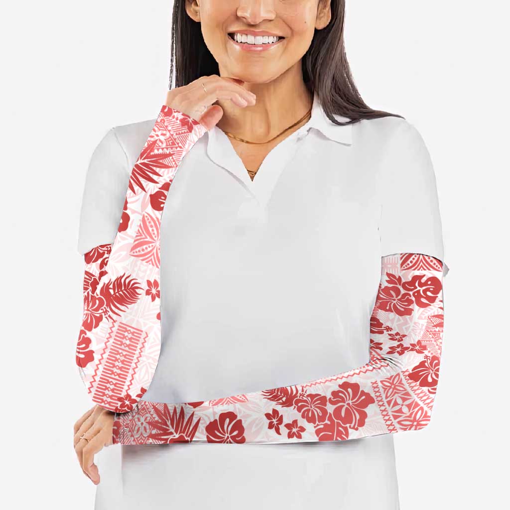 Vintage Hawaii Arm Sleeves Hibiscus Tapa Tribal With Hawaiian Quilt Pattern Red - Polynesian Pride