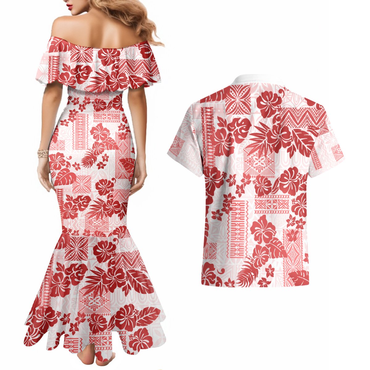 Vintage Hawaii Couples Matching Mermaid Dress and Hawaiian Shirt Hibiscus Tapa Tribal With Hawaiian Quilt Pattern Red LT9 - Polynesian Pride