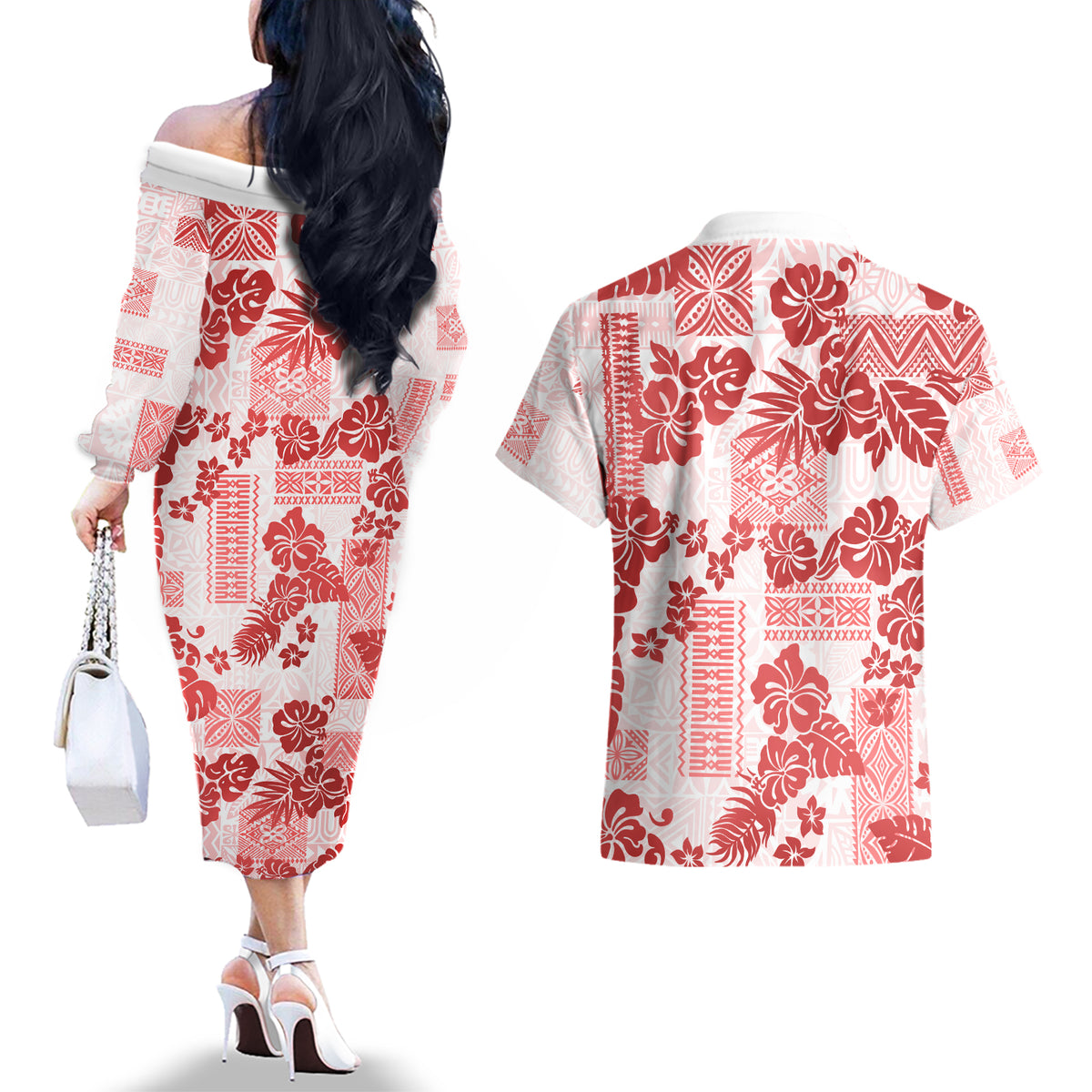 Vintage Hawaii Couples Matching Off The Shoulder Long Sleeve Dress and Hawaiian Shirt Hibiscus Tapa Tribal With Hawaiian Quilt Pattern Red LT9 - Polynesian Pride