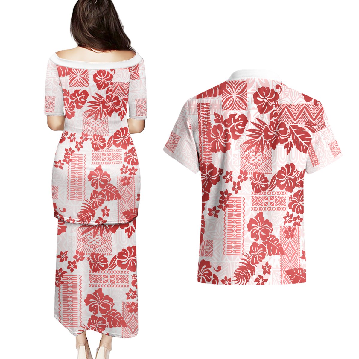 Vintage Hawaii Couples Matching Puletasi Dress and Hawaiian Shirt Hibiscus Tapa Tribal With Hawaiian Quilt Pattern Red LT9 - Polynesian Pride