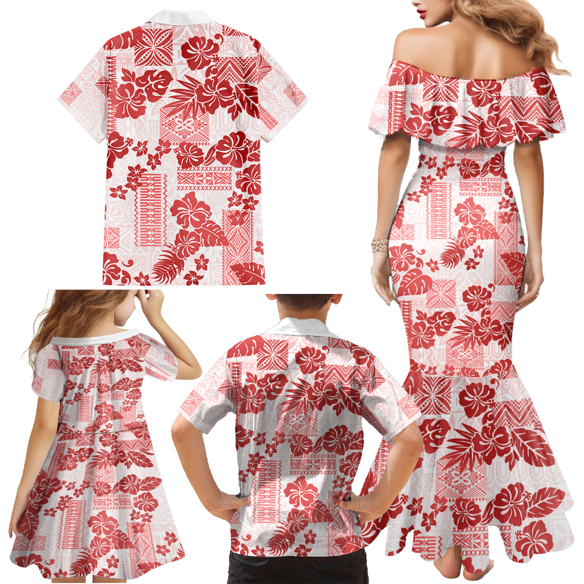 Vintage Hawaii Family Matching Mermaid Dress and Hawaiian Shirt Hibiscus Tapa Tribal With Hawaiian Quilt Pattern Red LT9 - Polynesian Pride
