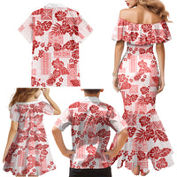 Vintage Hawaii Family Matching Mermaid Dress and Hawaiian Shirt Hibiscus Tapa Tribal With Hawaiian Quilt Pattern Red LT9 - Polynesian Pride