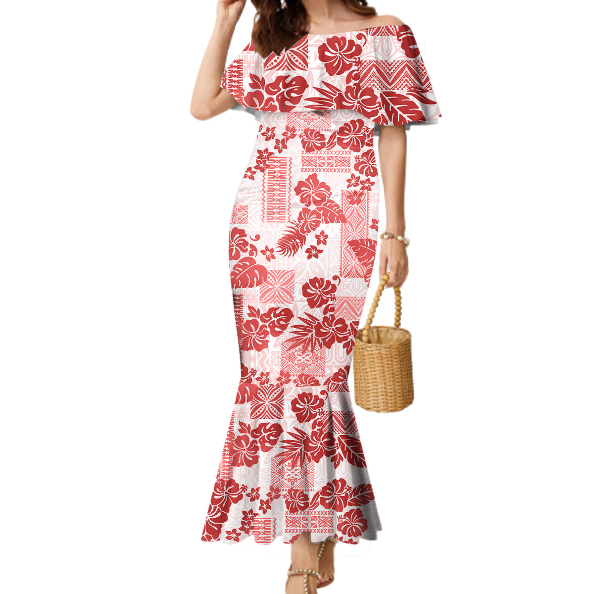 Vintage Hawaii Family Matching Mermaid Dress and Hawaiian Shirt Hibiscus Tapa Tribal With Hawaiian Quilt Pattern Red LT9 Mom's Dress Red - Polynesian Pride