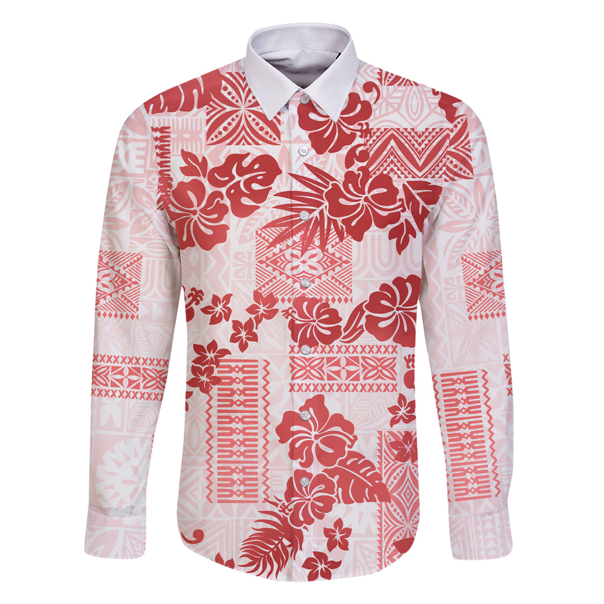 Vintage Hawaii Family Matching Off Shoulder Maxi Dress and Hawaiian Shirt Hibiscus Tapa Tribal With Hawaiian Quilt Pattern Red LT9 Dad's Shirt - Long Sleeve Red - Polynesian Pride