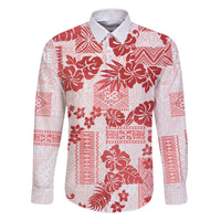 Vintage Hawaii Family Matching Off Shoulder Maxi Dress and Hawaiian Shirt Hibiscus Tapa Tribal With Hawaiian Quilt Pattern Red LT9 Dad's Shirt - Long Sleeve Red - Polynesian Pride