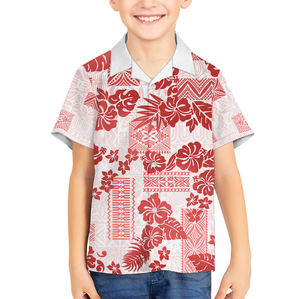Vintage Hawaii Family Matching Off Shoulder Short Dress and Hawaiian Shirt Hibiscus Tapa Tribal With Hawaiian Quilt Pattern Red LT9 Son's Shirt Red - Polynesian Pride