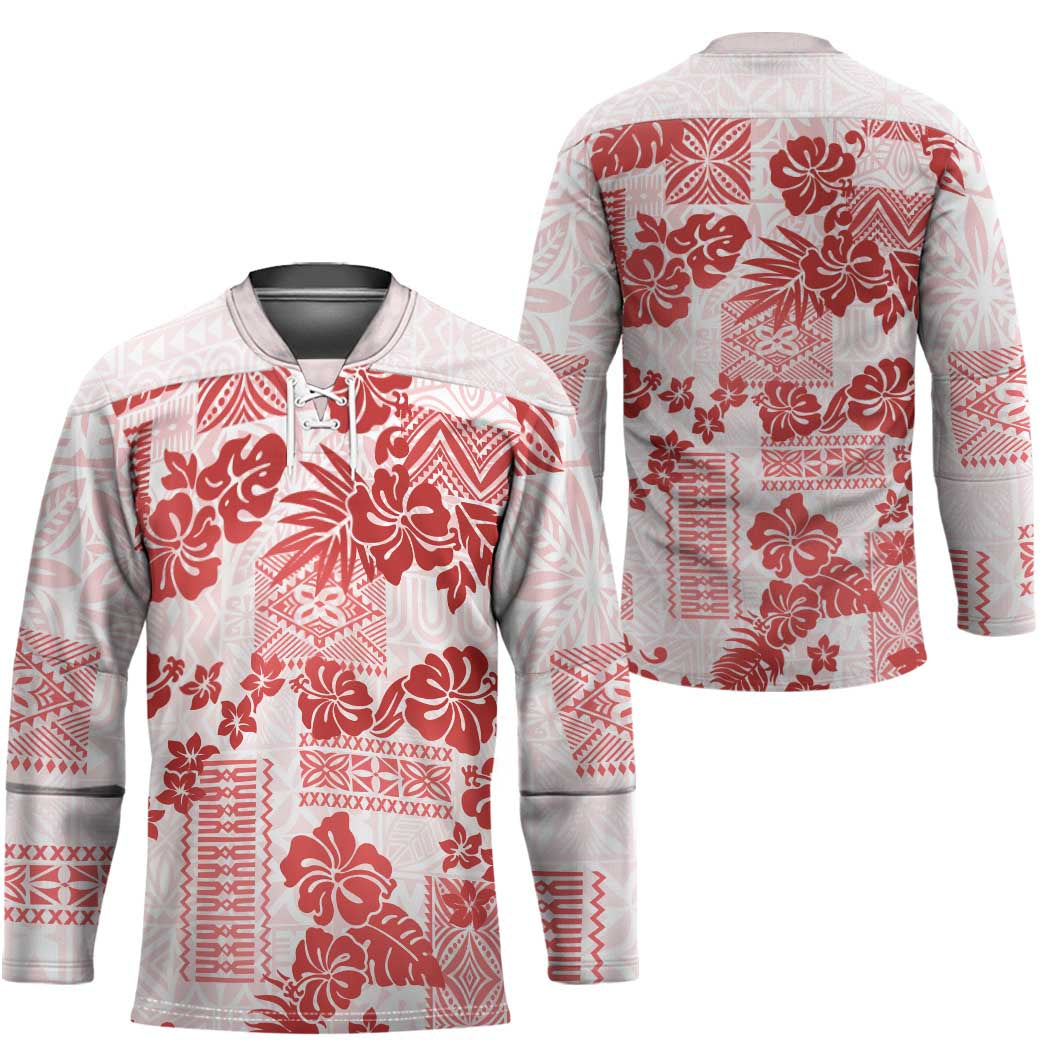Vintage Hawaii Hockey Jersey Hibiscus Tapa Tribal With Hawaiian Quilt Pattern Red - Polynesian Pride