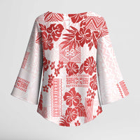 Vintage Hawaii Kimono Sleeve Blouse Hibiscus Tapa Tribal With Hawaiian Quilt Pattern Red - Polynesian Pride