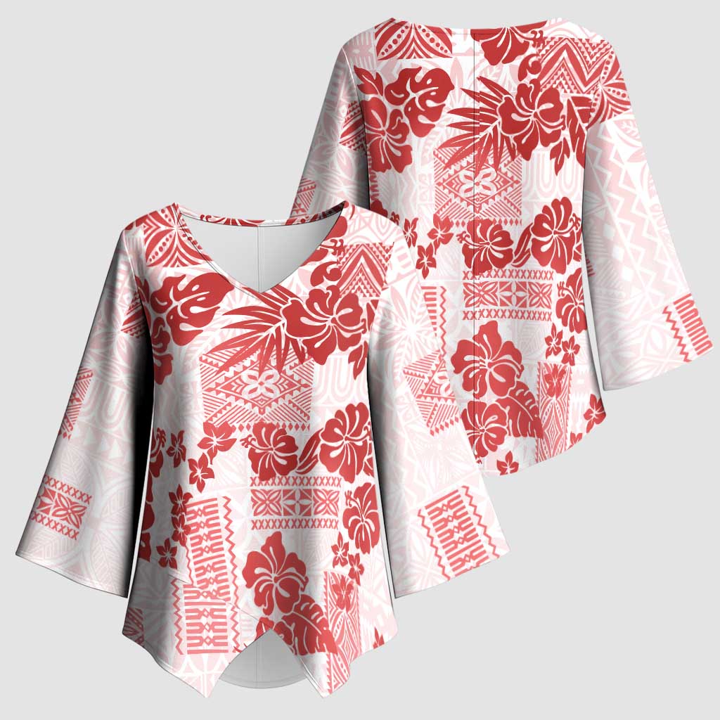 Vintage Hawaii Kimono Sleeve Blouse Hibiscus Tapa Tribal With Hawaiian Quilt Pattern Red - Polynesian Pride