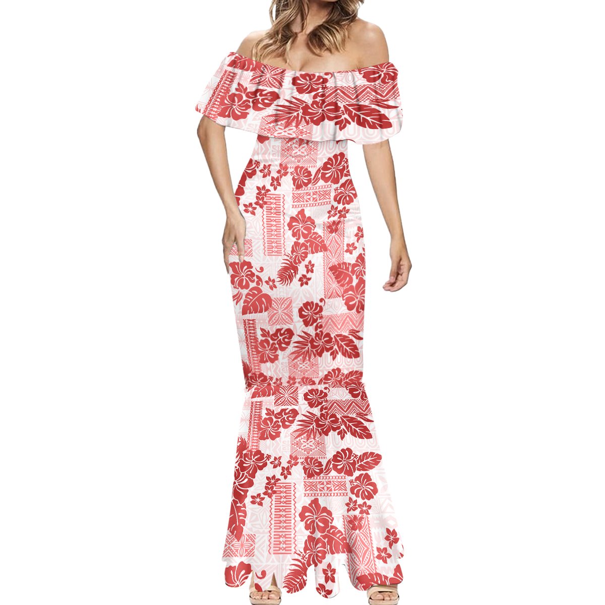 Vintage Hawaii Mermaid Dress Hibiscus Tapa Tribal With Hawaiian Quilt Pattern Red LT9 - Polynesian Pride
