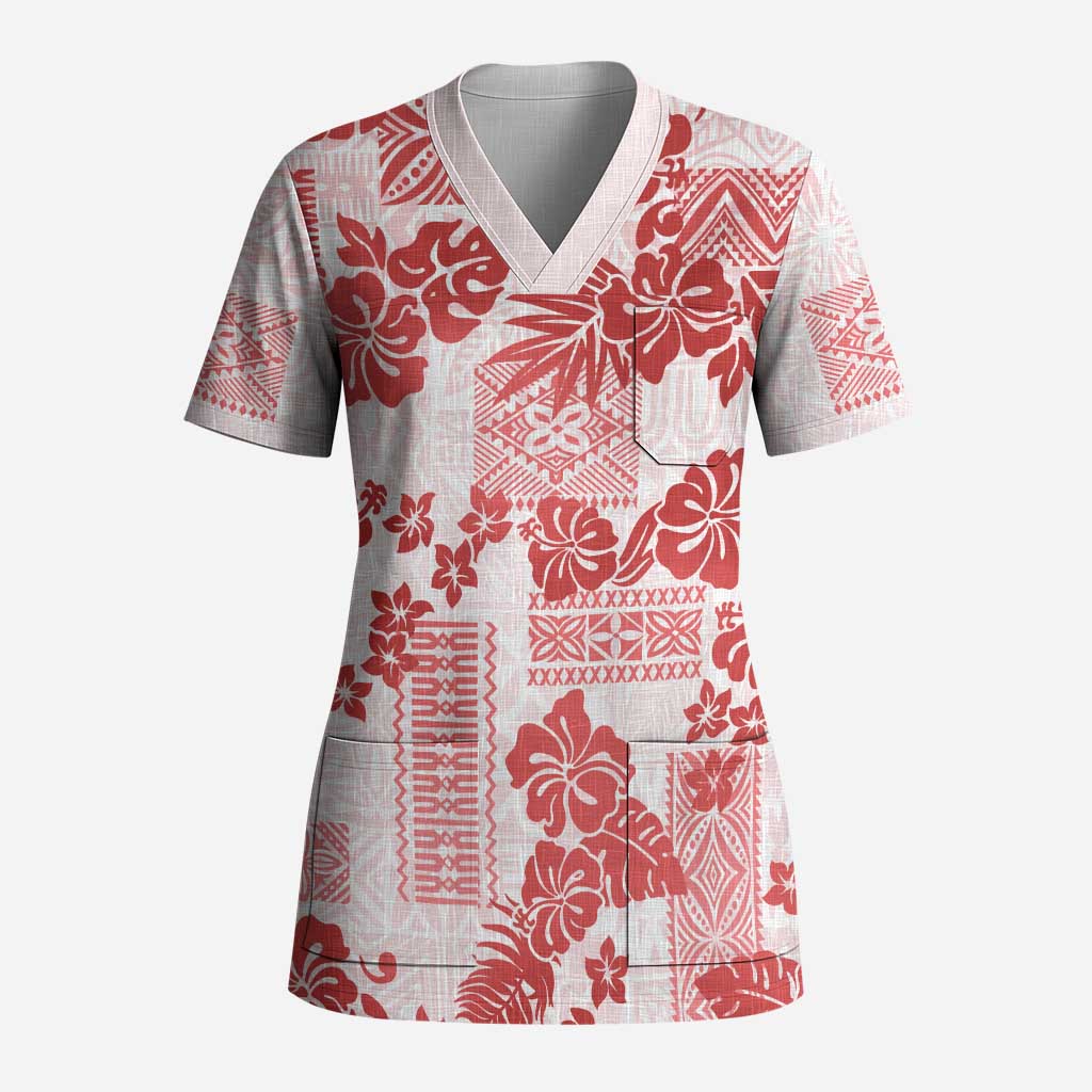 Vintage Hawaii Scrub Top Hibiscus Tapa Tribal With Hawaiian Quilt Pattern Red LT9 Adult Red - Polynesian Pride