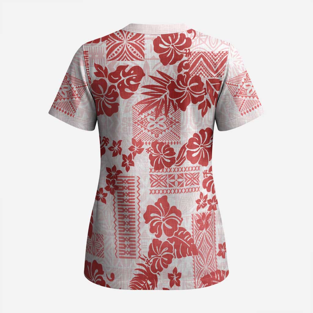 Vintage Hawaii Scrub Top Hibiscus Tapa Tribal With Hawaiian Quilt Pattern Red LT9 - Polynesian Pride