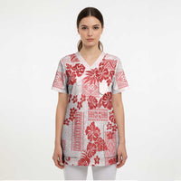 Vintage Hawaii Scrub Top Hibiscus Tapa Tribal With Hawaiian Quilt Pattern Red LT9 - Polynesian Pride