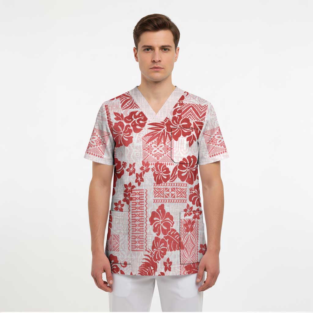 Vintage Hawaii Scrub Top Hibiscus Tapa Tribal With Hawaiian Quilt Pattern Red LT9 - Polynesian Pride