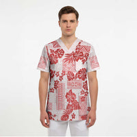 Vintage Hawaii Scrub Top Hibiscus Tapa Tribal With Hawaiian Quilt Pattern Red LT9 - Polynesian Pride