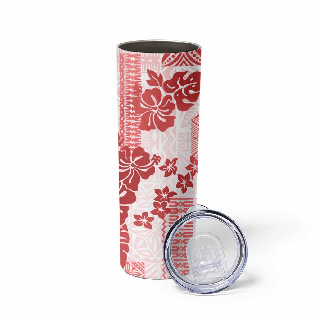 Vintage Hawaii Skinny Tumbler Hibiscus Tapa Tribal With Hawaiian Quilt Pattern Red LT9 - Polynesian Pride