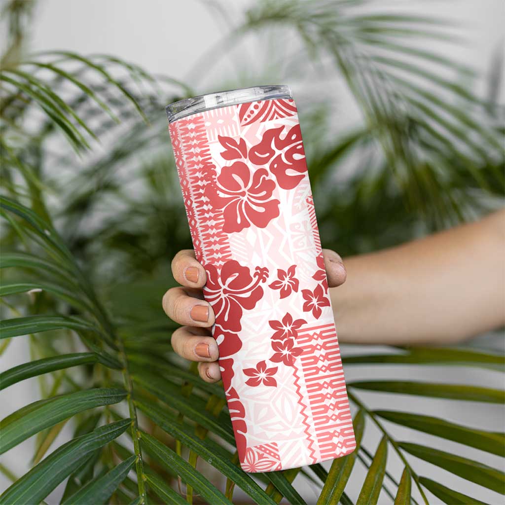 Vintage Hawaii Skinny Tumbler Hibiscus Tapa Tribal With Hawaiian Quilt Pattern Red LT9 - Polynesian Pride