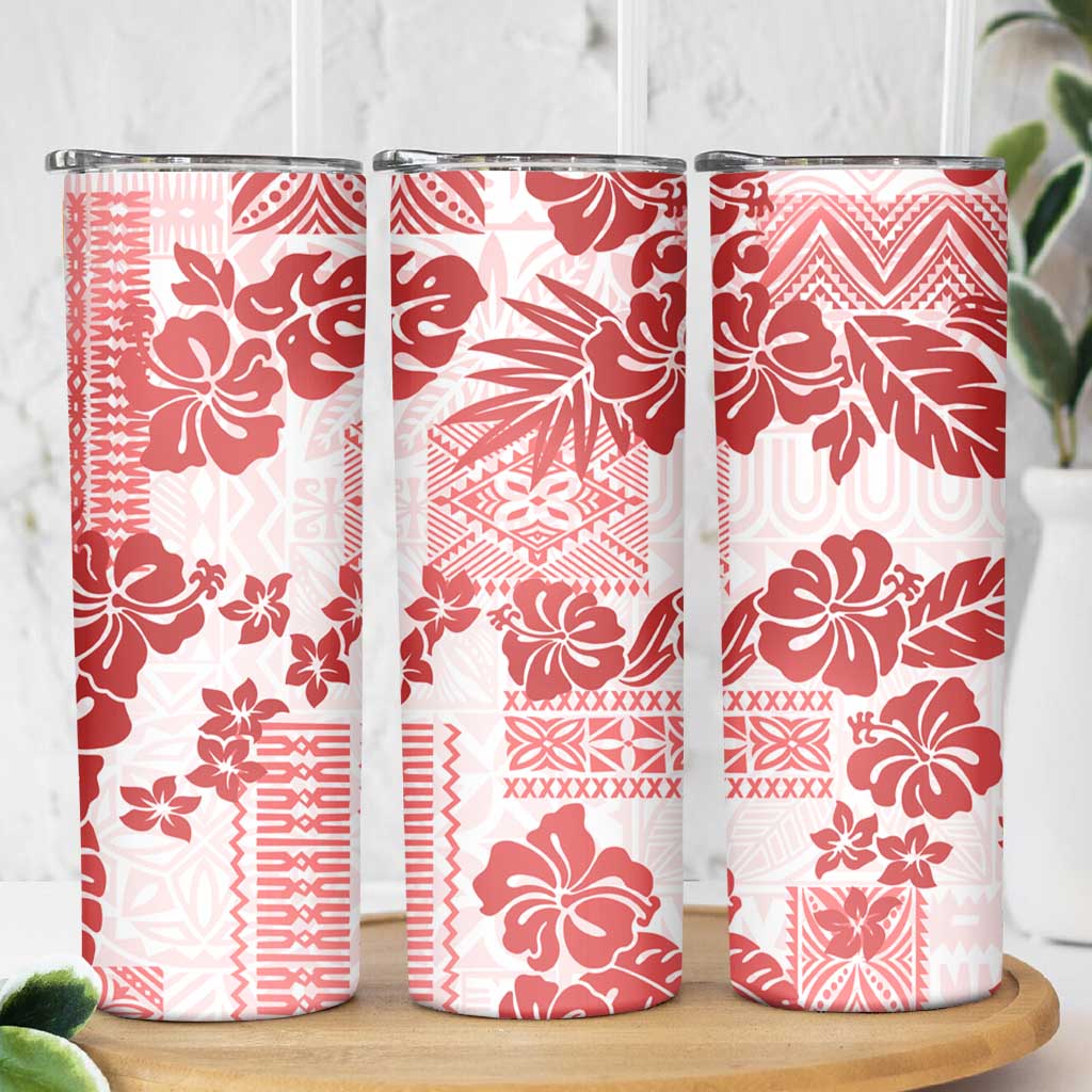 Vintage Hawaii Skinny Tumbler Hibiscus Tapa Tribal With Hawaiian Quilt Pattern Red LT9 - Polynesian Pride