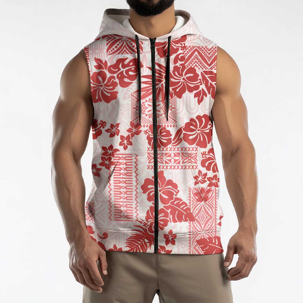 Vintage Hawaii Sleeveless Zip Hoodie Hibiscus Tapa Tribal With Hawaiian Quilt Pattern Red LT9 - Polynesian Pride