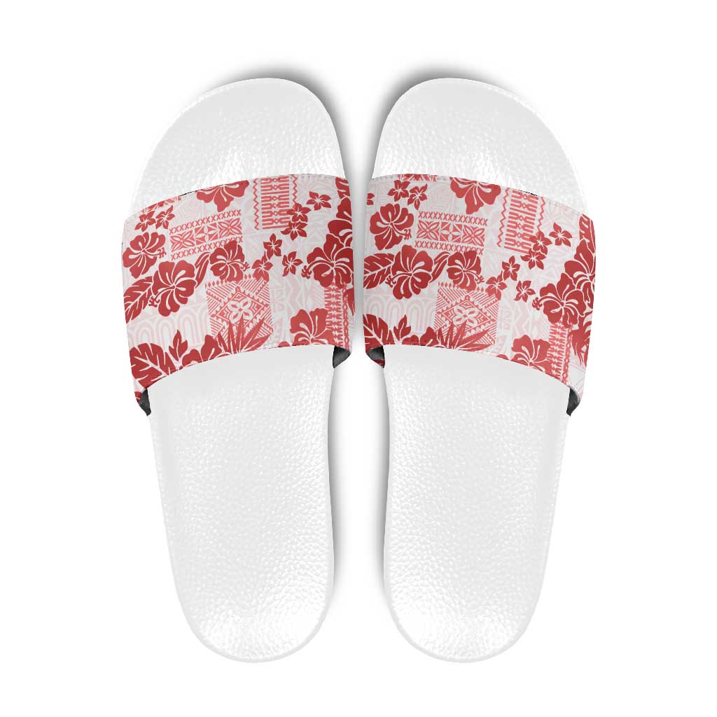 Vintage Hawaii Slide Sandals Hibiscus Tapa Tribal With Hawaiian Quilt Pattern Red - Polynesian Pride
