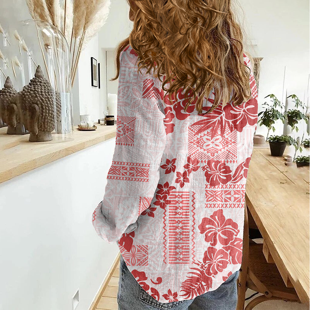 Vintage Hawaii Women Casual Shirt Hibiscus Tapa Tribal With Hawaiian Quilt Pattern Red LT9 - Polynesian Pride