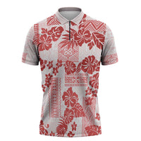 Vintage Hawaii Zipper Polo Shirt Hibiscus Tapa Tribal With Hawaiian Quilt Pattern Red LT9 Red - Polynesian Pride
