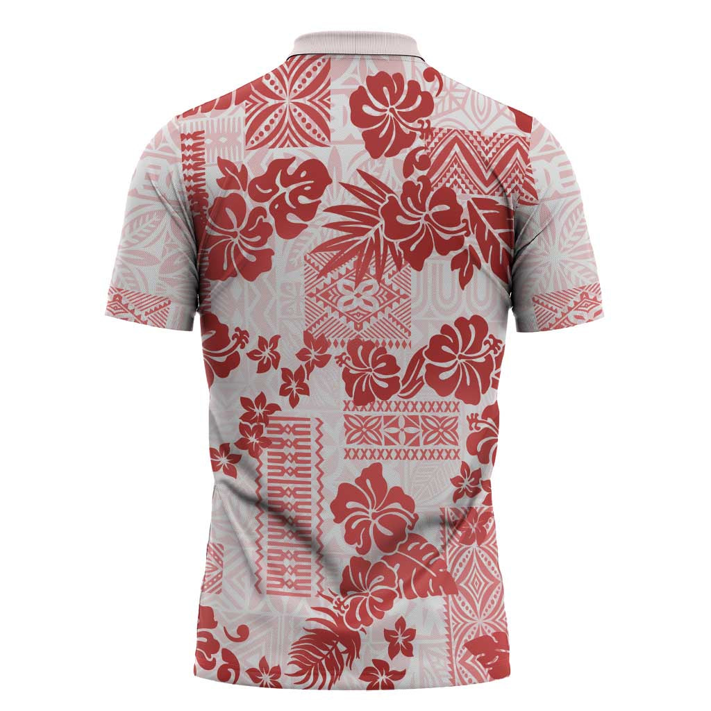 Vintage Hawaii Zipper Polo Shirt Hibiscus Tapa Tribal With Hawaiian Quilt Pattern Red LT9 - Polynesian Pride