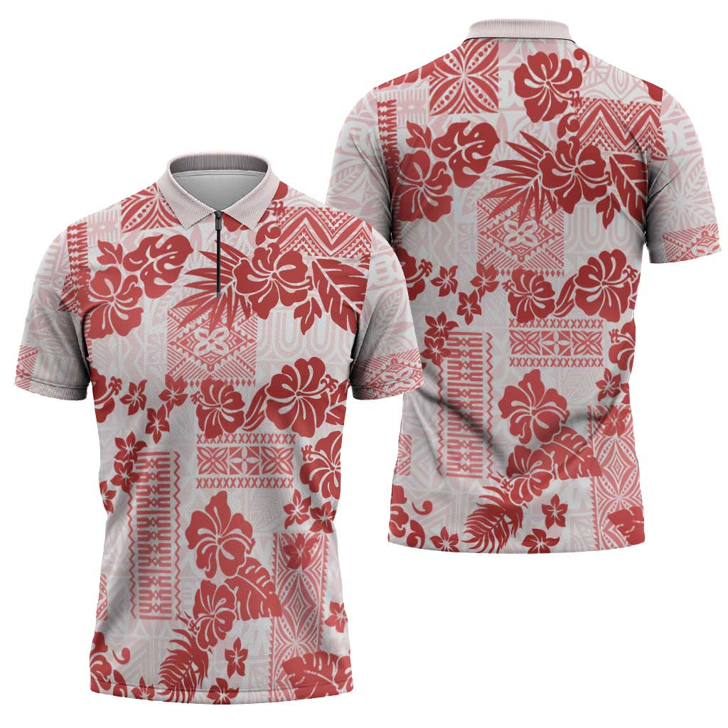 Vintage Hawaii Zipper Polo Shirt Hibiscus Tapa Tribal With Hawaiian Quilt Pattern Red LT9 - Polynesian Pride