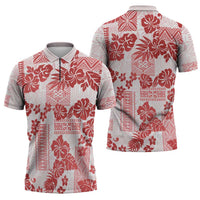 Vintage Hawaii Zipper Polo Shirt Hibiscus Tapa Tribal With Hawaiian Quilt Pattern Red LT9 - Polynesian Pride