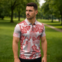 Vintage Hawaii Zipper Polo Shirt Hibiscus Tapa Tribal With Hawaiian Quilt Pattern Red LT9 - Polynesian Pride