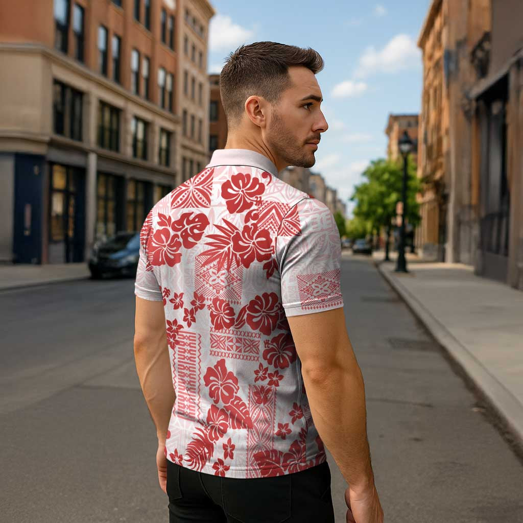 Vintage Hawaii Zipper Polo Shirt Hibiscus Tapa Tribal With Hawaiian Quilt Pattern Red LT9 - Polynesian Pride
