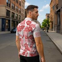 Vintage Hawaii Zipper Polo Shirt Hibiscus Tapa Tribal With Hawaiian Quilt Pattern Red LT9 - Polynesian Pride