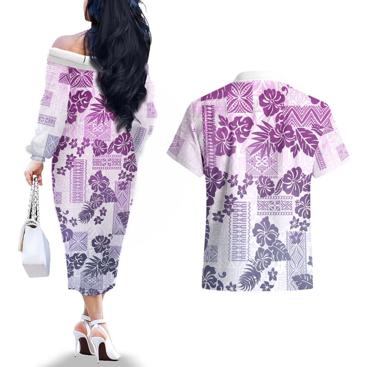 Vintage Hawaii Couples Matching Off The Shoulder Long Sleeve Dress and Hawaiian Shirt Hibiscus Tapa Tribal With Hawaiian Quilt Pattern Violet LT9 - Polynesian Pride