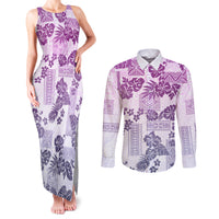 Vintage Hawaii Couples Matching Tank Maxi Dress and Long Sleeve Button Shirt Hibiscus Tapa Tribal With Hawaiian Quilt Pattern Violet LT9 Violet - Polynesian Pride