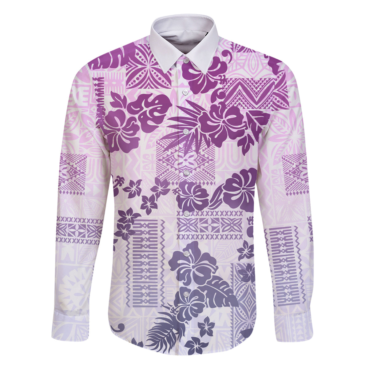 Vintage Hawaii Family Matching Off Shoulder Maxi Dress and Hawaiian Shirt Hibiscus Tapa Tribal With Hawaiian Quilt Pattern Violet LT9 Dad's Shirt - Long Sleeve Violet - Polynesian Pride