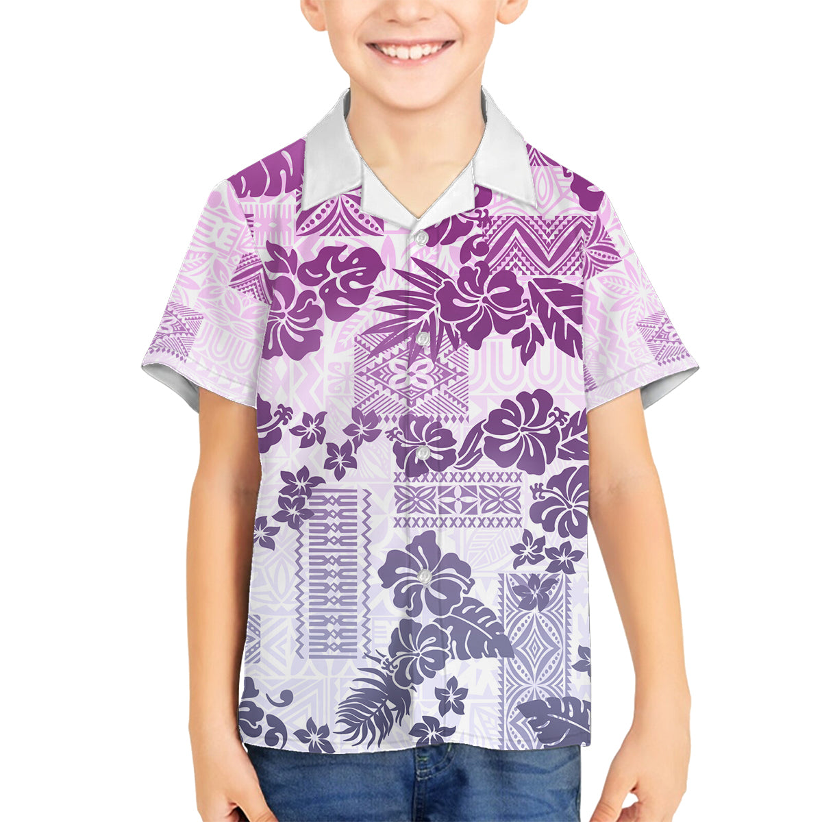 Vintage Hawaii Family Matching Summer Maxi Dress and Hawaiian Shirt Hibiscus Tapa Tribal With Hawaiian Quilt Pattern Violet LT9 Son's Shirt Violet - Polynesian Pride
