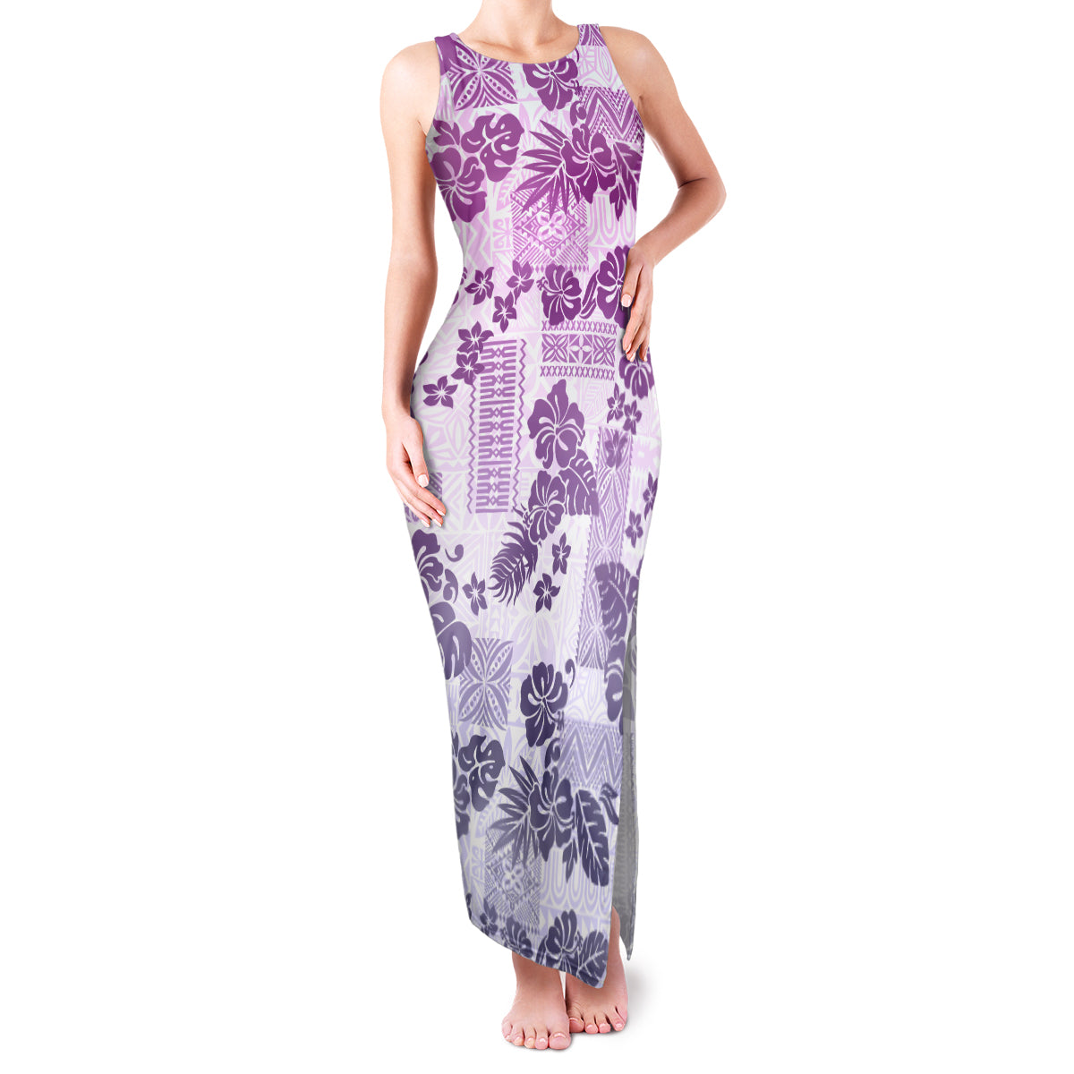 Vintage Hawaii Family Matching Tank Maxi Dress and Hawaiian Shirt Hibiscus Tapa Tribal With Hawaiian Quilt Pattern Violet LT9 Mom's Dress Violet - Polynesian Pride