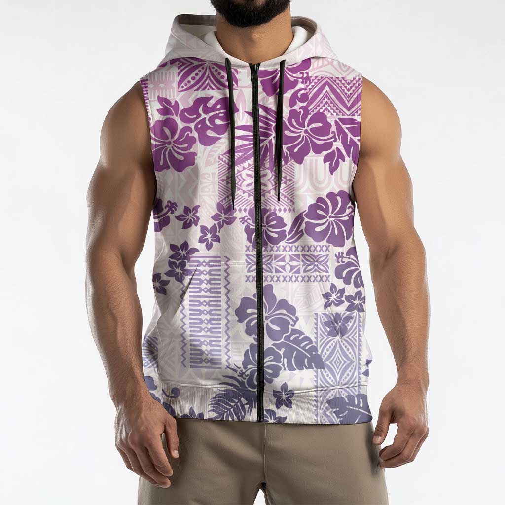 Vintage Hawaii Sleeveless Zip Hoodie Hibiscus Tapa Tribal With Hawaiian Quilt Pattern Violet LT9 - Polynesian Pride