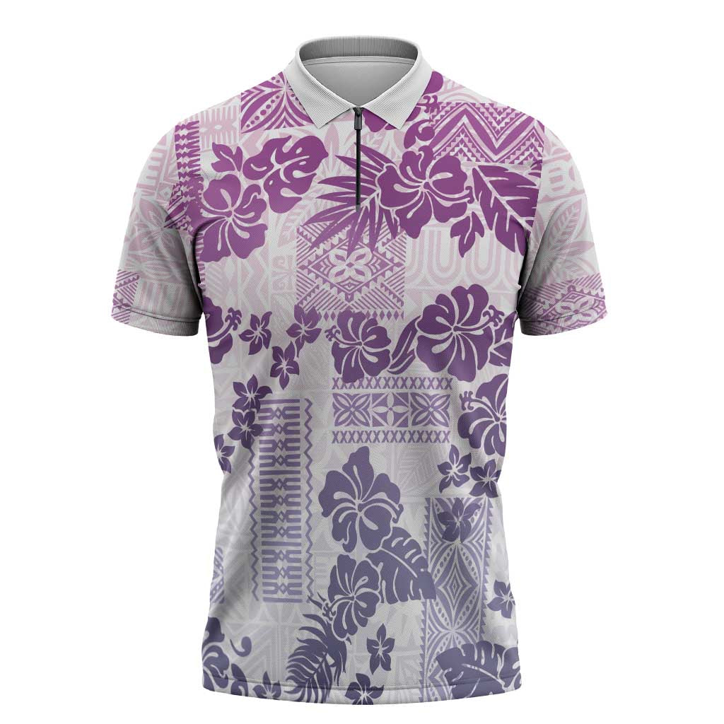Vintage Hawaii Zipper Polo Shirt Hibiscus Tapa Tribal With Hawaiian Quilt Pattern Violet LT9 Violet - Polynesian Pride