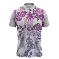 Vintage Hawaii Zipper Polo Shirt Hibiscus Tapa Tribal With Hawaiian Quilt Pattern Violet LT9 Violet - Polynesian Pride