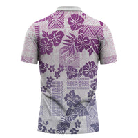 Vintage Hawaii Zipper Polo Shirt Hibiscus Tapa Tribal With Hawaiian Quilt Pattern Violet LT9 - Polynesian Pride