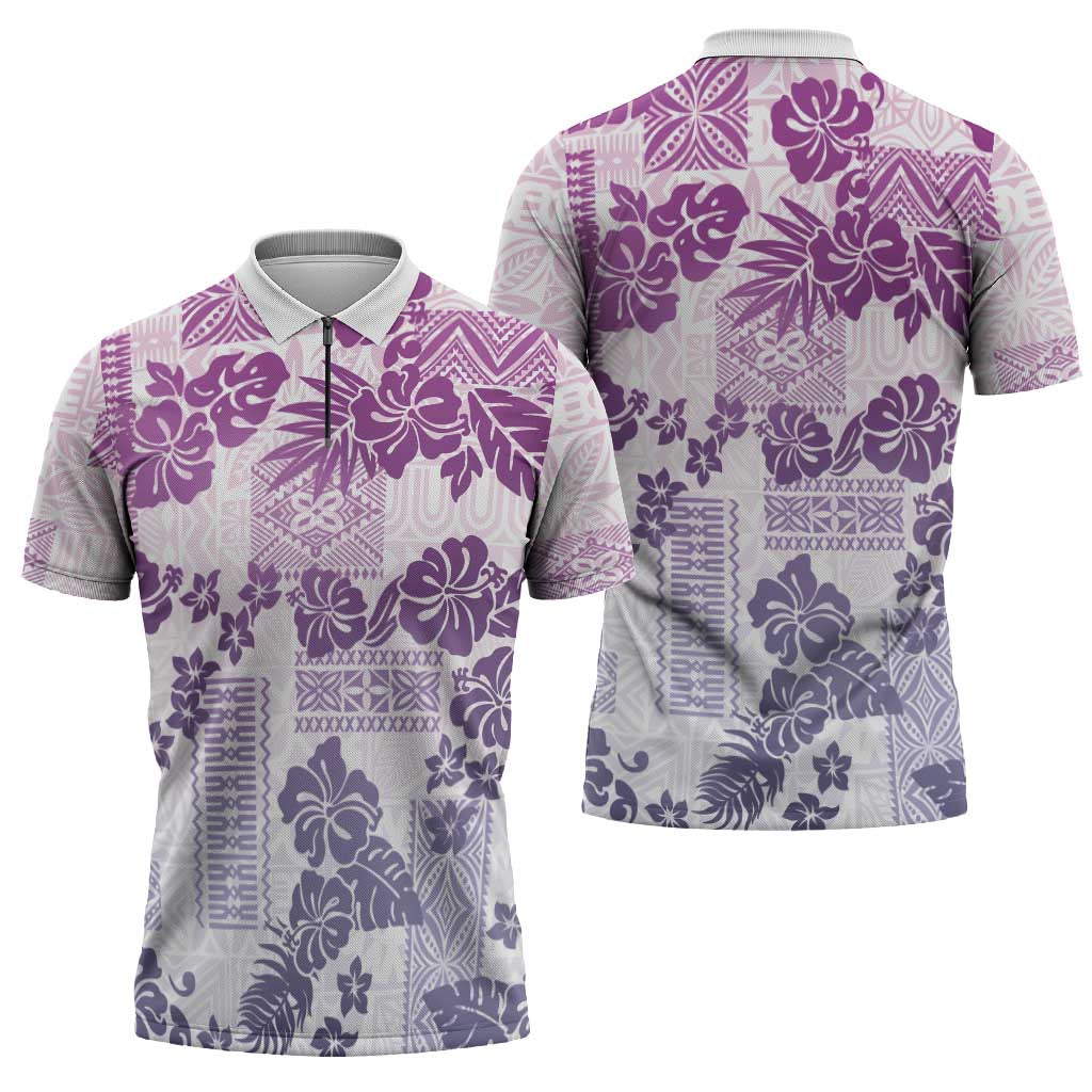 Vintage Hawaii Zipper Polo Shirt Hibiscus Tapa Tribal With Hawaiian Quilt Pattern Violet LT9 - Polynesian Pride
