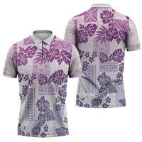 Vintage Hawaii Zipper Polo Shirt Hibiscus Tapa Tribal With Hawaiian Quilt Pattern Violet LT9 - Polynesian Pride