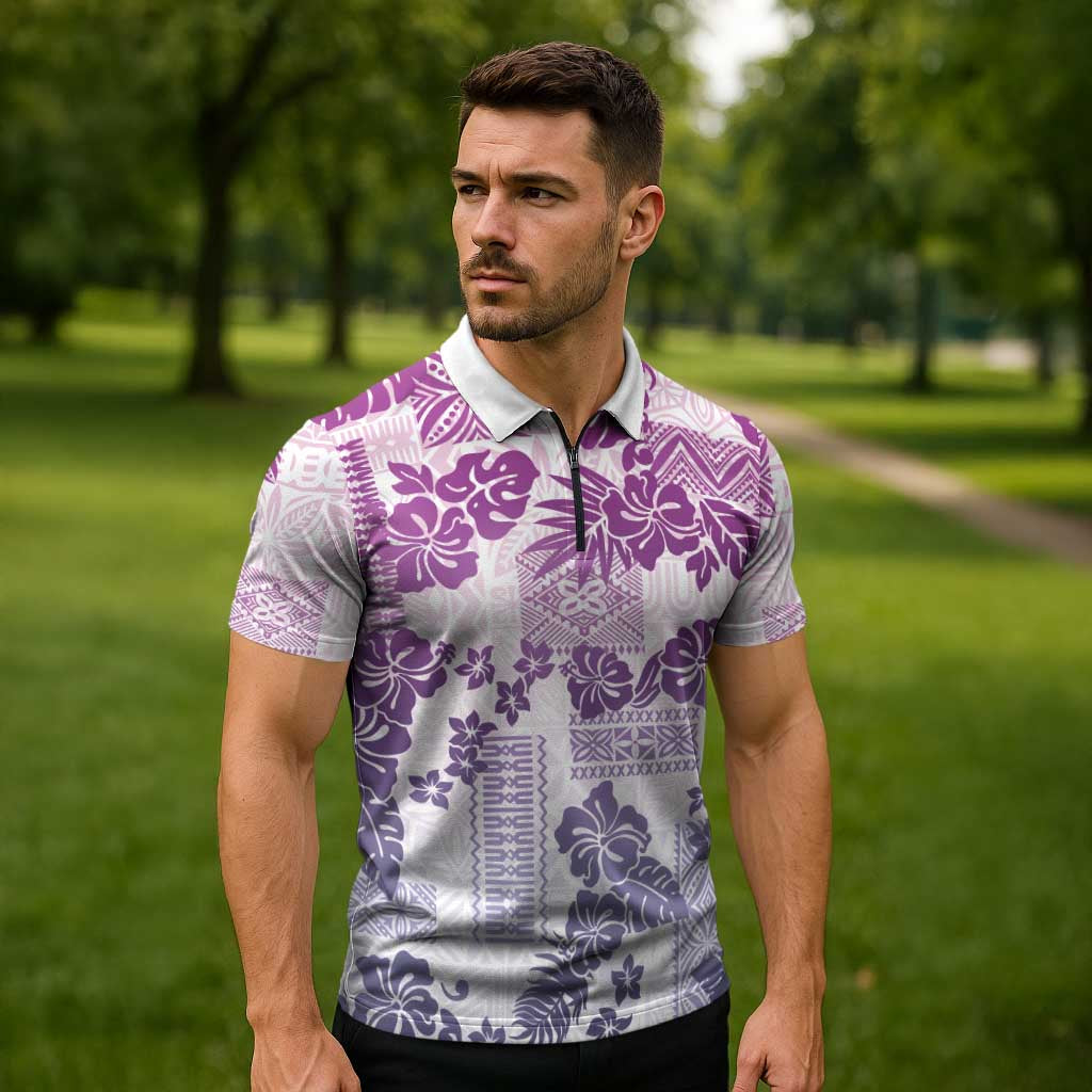Vintage Hawaii Zipper Polo Shirt Hibiscus Tapa Tribal With Hawaiian Quilt Pattern Violet LT9 - Polynesian Pride